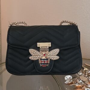 Black Quilted Bee Pearl Crossbody Bag | Gold-Tone Chain | New